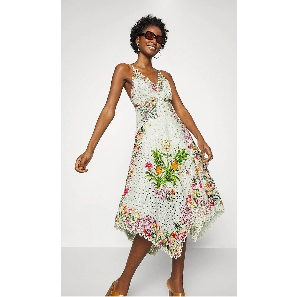 Farm Rio Fairycore Embroidered Eyelet Delicate Forest Scarves Midi Dress